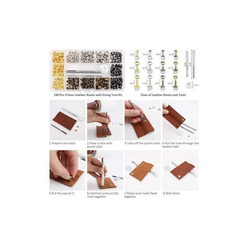 Yiarsky Leather Rivet Set, 180 Sets Metal Rivets Double Cap