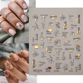 Golden Black Nail Stickers Hot Stamping Nail Decals with English Letters Irregular Lines Self Adhesive for Women DIY Manicure Decorations