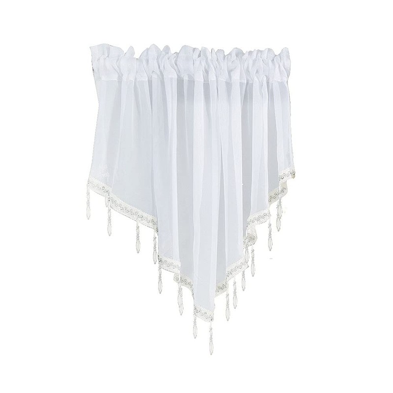 ANCLLO 3 Panels White Crushed Texture Sheer Voile Beaded Rod