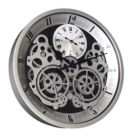Hnycinj 18 inch Original Industrial Wall Clock, Non-Ticking Vintage Real Moving Gear Battery Operated Steampunk Decor Metal Clock for Living Room, Farmhouse, Home Kitchen (Silver-White, 18 Inch)
