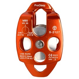 ProClimb 30kN Aluminum Rope Pulley with Swing Plate - CE/UIAA Certified, Double Sheave (Orange) - 5/8" Rope