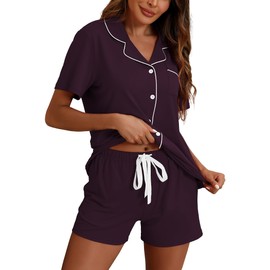 ZMJ 2 Piece Sets for Women Summer Pajamas Silk Satin Lounge Sets Short Sleeve Top and Shorts Pj Set Button Down Sleepwear Prune, 3XL