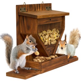 MIXUMON Wood Squirrel Feeder, Funnel Squirrel Feeders for Outside Winter, Wooden Chipmunk Feeder for Corn, Peanuts, Durable Box Easy to Fill with Removable Top Panel