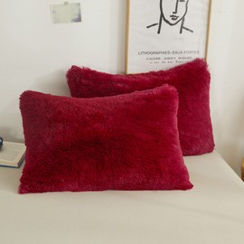 XeGe Faux Fur Fluffy Throw Pillowcases, Plush Shaggy Soft Furry Pillow Covers, Fuzzy Decorative Pillow Cases, Velvet Pillow Shams for Bed Couch Sofa Zipper Closure, Set of 2 (Standard, Red)