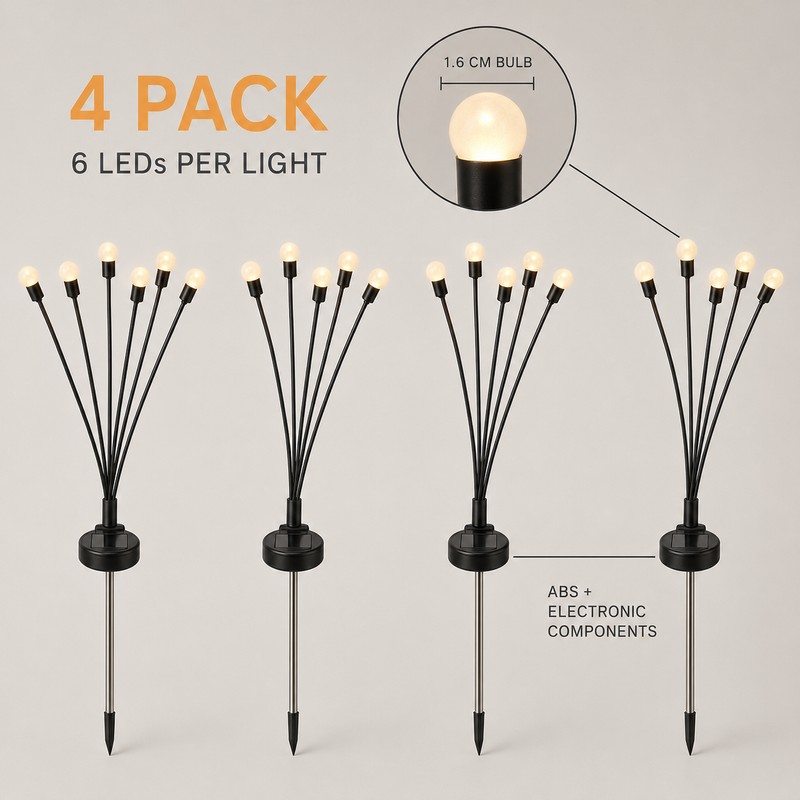 4 Pack 6 LED Solar Firefly Garden Lights with Warm