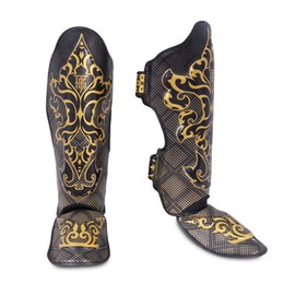 Top King New Pro Leather Shin Guards for Muay Thai, Kanok Black, Large