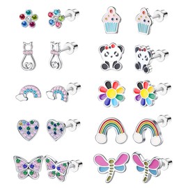 LOLIAS 10 Pairs Cute Screw Back Earrings for Women Girls Stainless Steel Multicolored Heart Flower Butterfly Rainbow CZ Stud Earrings Hypoallergenic Screwback Stud Earring
