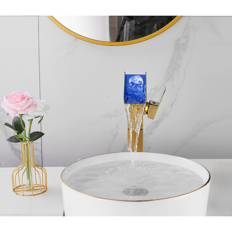 Bathroom Vessel Faucet Gold Waterfall Open Spout Basin Faucet Led