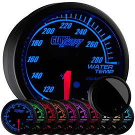 GlowShift Elite 10 Color 280 F Water Coolant Temperature Gauge Kit - Includes Electronic Sensor - Black Dial - Tinted Lens - Peak Recall Function - for Car & Truck - 2-1/16" 52mm