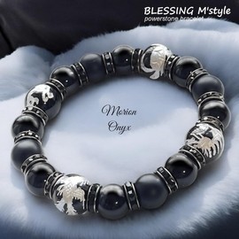BLESSING M'style Strongest Four God Beasts Bracelet, Morion, Matte Onyx, Four Divine Beasts Silver Carved Onyx, Natural Stone, Power Stone Bracelet, Includes Original Drawstring Bag, Stone Silver
