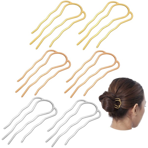 6 Pieces 87 mm Hair Fork Clip Stick Hair Side Comb Hairpin Hair Bun Updo Hair Sticks Alloy 4 Prong Bun Hair Pins Clips Grips for Women Hair Styling Tool Accessories (Gold, Silver and Rose Gold)
