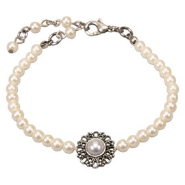 Alpenflüstern Helena DAB076 Women's Traditional Costume Jewellery with Antique Silver-Coloured Traditional Ornament, Elastic Costume Bracelet, Cream White Pearl Bracelet, 70% glass, 10% iron, 20%