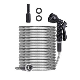 SIXWOOD Metal Garden Hose 100FT, Stainless Water Hose with Adjustable Nozzle and 7 Pattern Sprayer, Heavy Duty Hoses for Yard, Outdoor - Flexible, Never Kink & Tangle, Puncture Resistant