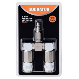 SUNGATOR 2 Way Air Hose Splitter, 1/4 Inch Air Hose Fitting, 1/4'' Quick Connect Manifold Fitting with 2 Universal Couplers & 1 Industrial Air Plug, 360 Degree Swivel Hose Connector, Silver