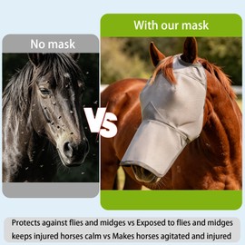 Raelitego Horse Fly Mask with Nose Cover, Adjustable Fly Masks for Horses, UV Protection Comfort Mesh Horse Head Mask Against Flies, Breathable Professional Choice Fly Mask Without Ears (L)