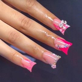 24 Pcs Pink Handmade Press on Nails Duck Fake Nails with Glue Reusable False Nails Kit Glitter Rhinestone 3D Flower Nail Art Design Short Medium Duck Nails Full Cover Stick on Nails for Women