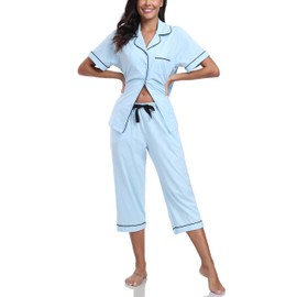 COLORFULLEAF Women's Pajama Sets 100% Cotton Summer Short Sleeve Capri Pajamas for Women Set Button Down Pjs Soft Sleepwear(Light Blue,S)