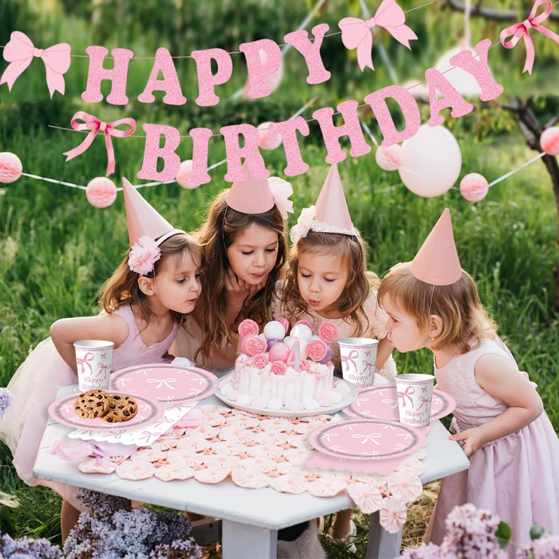 Bikasun Pink Bow Party Tableware Set Princess Children's Birthday Tableware
