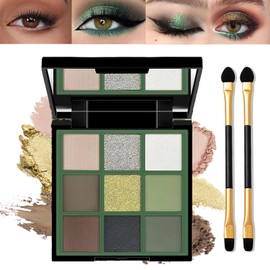 Green Cat-eye Eyeshadow Palette, 9 Colors Matte & Glitter, Highly Pigmented, Long-Lasting & Waterproof, Easy to Apply, Ideal for Smokey Eye Daily Makeup Includes Brushes