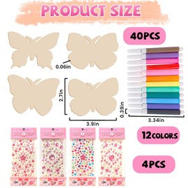 XLZJYIJ 56 Pieces Craft Sets for Children, Wooden Butterfly for Crafts with Watercolour Pen & Gemstone Stickers, Butterfly Craft Set for Girls Boys DIY Craft School Nursery