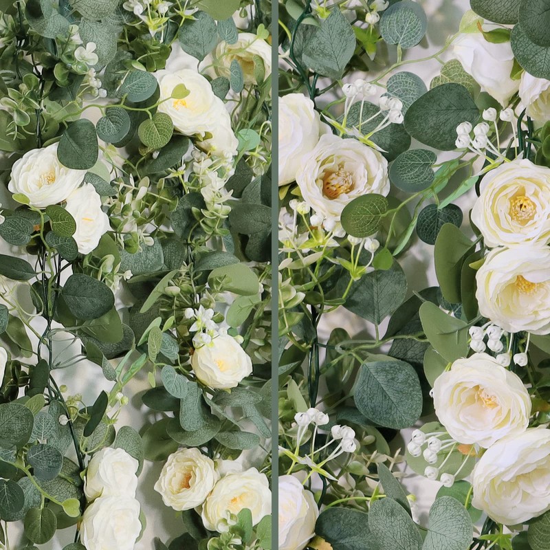 TOCHGREEN 2 Pack 13Ft Artificial Eucalyptus Flower Garland with White