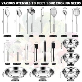 Cooking Utensils Set Stainless Steel, 18 Pcs Practical Kitchen Utensils Set with Mixing Bowls and Metal Plates, Heat Resistant Kitchen Utensil Set, Kitchen Tool Set for Cooking, Easy to Clean