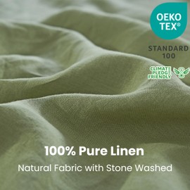 Simple&Opulence 100% Linen Duvet Cover Set 3pcs with Coconut Button Closure Natural French Washed Flax Solid Color Soft Breathable Farmhouse Bedding - Sage Green, Queen Size