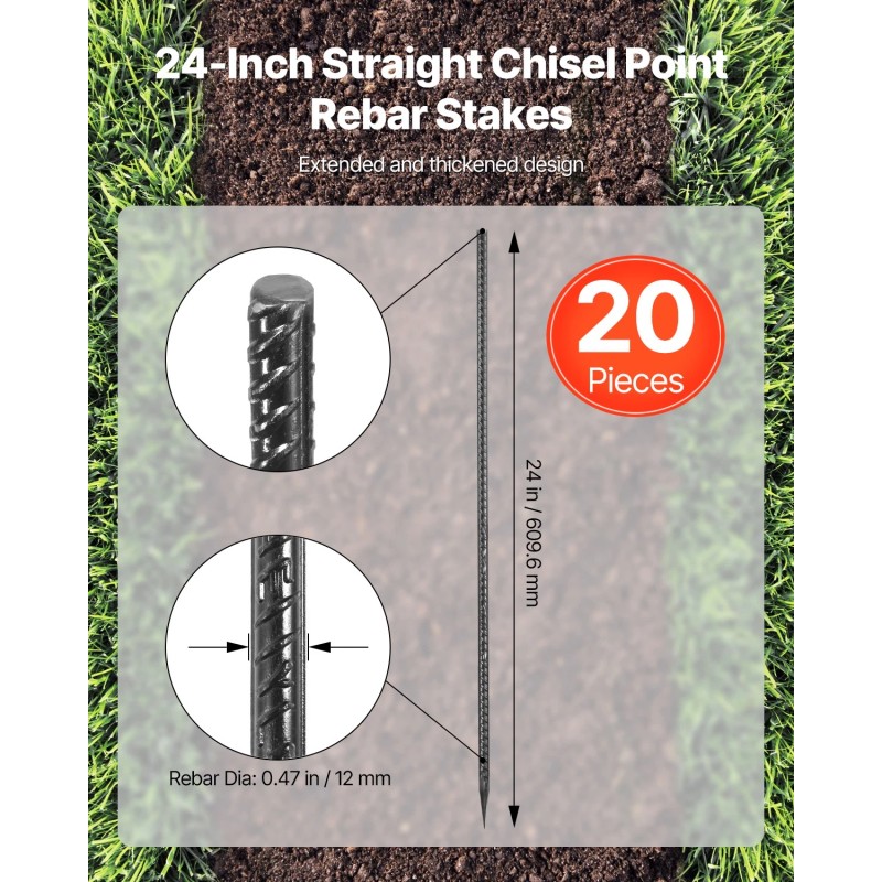 VEVOR 16-Inch 16 Pack Rebar Stakes Straight Galvanized Steel Ground
