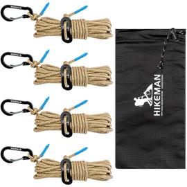 Tent Rope, Guy Rope, Tarp, Paracord 100% Nylon, Load Capacity 770.2 lbs (350 kg), Carabiner, Heat Shrink Tubing Protection on Both Ends, Comes with Free Metal Fittings, Storage Bag, High Load