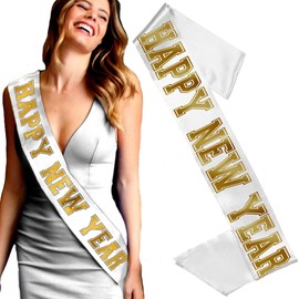 RhinestoneSash New Years Decorations 2025 - Gold Mirror Happy New Year PREMIUM GRADE SATIN Sash - New Years Eve Outfits Women - White Sash(HNY) GLD/WHT