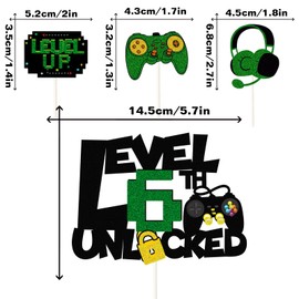 Juego de 4 adornos para tartas de cumpleaños con purpurina de nivel 6 desbloqueado, con temática de videojuegos, juego para magdalenas de sexto cumpleaños para niños, nivel 6, decoración de fiesta para juegos en nivel