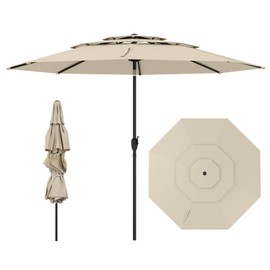 Tangkula 10ft Patio Umbrella, 3 Tier Vented Outdoor Market Table Umbrella with Push Button Tilt, Crank Handle, 8 Sturdy Ribs for Backyard, Garden, Beach, Poolside (Beige)