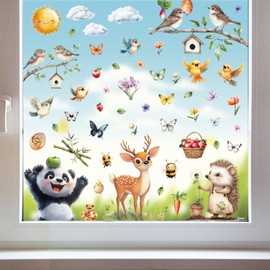 Fensterbilder Selbstklebend Frühling Deko Aufkleber Fenstersticker, Fensteraufkleber Blumen Frühling Sommer Fenster Abziehbilder Blumenwiese Wildblumen Sonnenblume