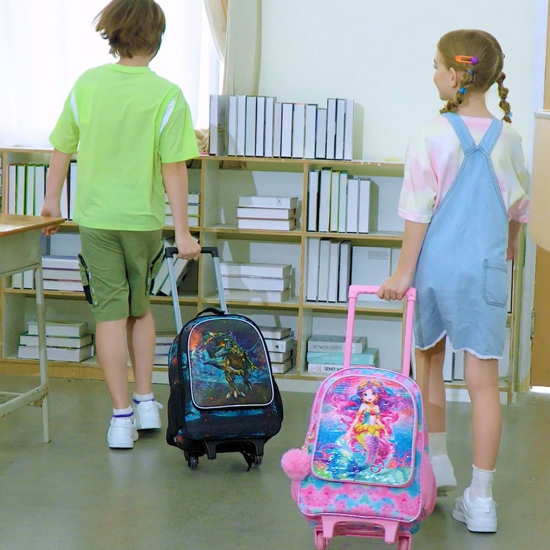 4PCS Rolling Backpack for Boys,Kids Dinosaur Backpacks with Roller Wheels,