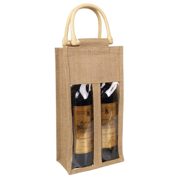 Vpang Eco-Friendly Burlap Wine Bottle Bag Jute Wine Bottle Tote with Cane Handle Gift Packaging Wine Bag Gift Bag Candy Bag for Christmas Holiday Decorations (Double Bottle)