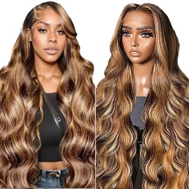 AiPliantfis Body Wave Human Hair Wig Blonde Echthaar Perücke Damen 13X6 Lace Glueless Wig Wear and Go P427 Highlight Pre Plucked 150% Density Unprocessed Brazilian Remy Hair 16 Zoll