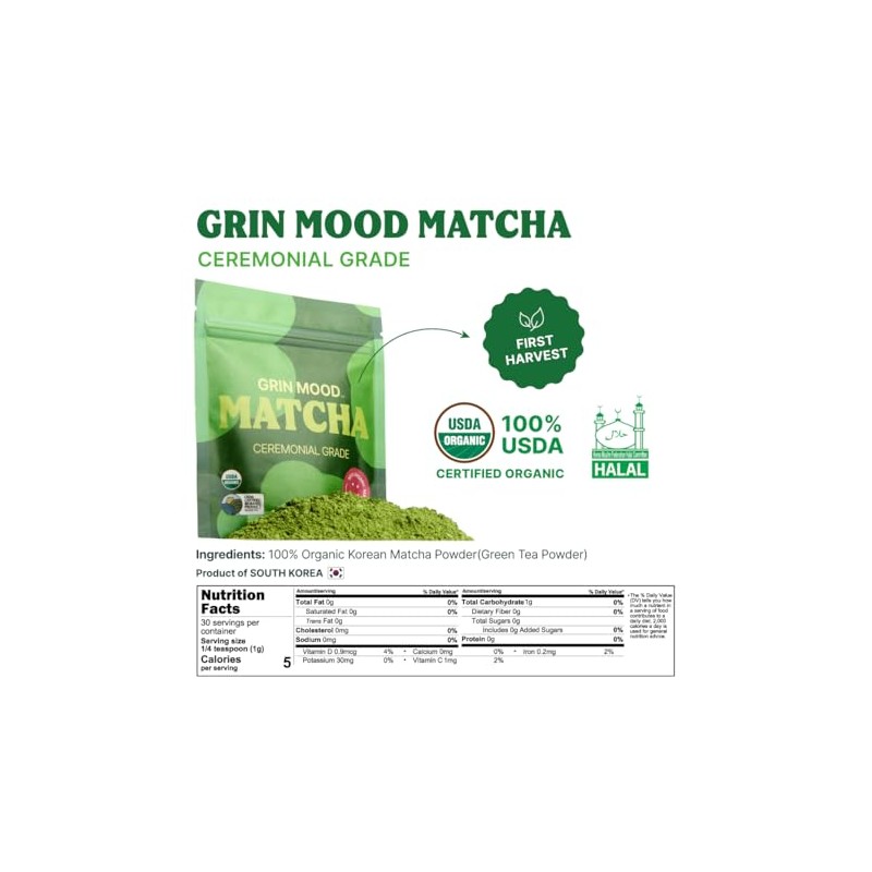 GRIN MOOD Organic Ceremonial Matcha Powder - Decaffeinated Green Tea