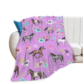 Horse Throw Blanket Super Soft Warm Pink Floral Horse Blanket for Girls Kids, Cozy Plush Fleece Farm Animal Horse Gifts Bedding Blanket for Women Bed Couch Sofa 40"x50"
