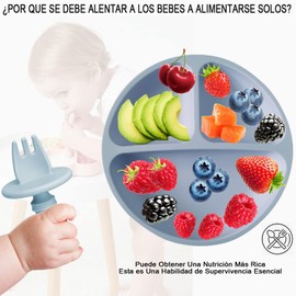 Vajillas Platos para Bebe Silicona, 8Pcs Set Alimentacion Complementaria Bebe, Plato para Bebe con Ventosas, Baberos Ajustable, Sin BPA, Seguros para Alimentos, Ideal para Regalo para Babyshower(Azul)