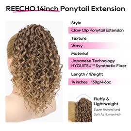 REECHO Curly Ponytail Extension for Women – Short 14" Claw Clip Ponytail Hair Extension Synthetic Pony Tails Hair Extension for Daily Wear Cosplay, Dark Ash Blonde with Golden Ends