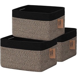 COMFY-HOMI 3PACK Cotton Rope Square Basket with Handles for Shelves|Dog Toy Bin and Storage|Baby Gift|Shoe Organizer|New 13.5" x 11" x 9.5" for Living Room (Black/Jute)