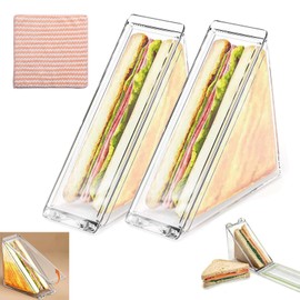 Gudemoore 2 PCS Reusable Sandwich Box with Lid & Towel, Portable Plastic Sandwich Container Triangle, Easy to Clean, Leak-Proof, Transparent Lunch Box Accessories for Breakfast Lunch Picnic Travel