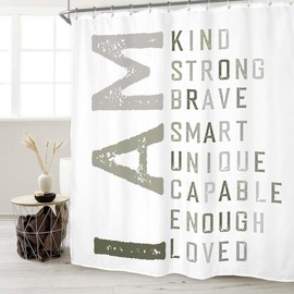 Miyotaa I AM Motivational Shower Curtain Set 60Wx71H Inches Inspirational Positive Quotes Polyester Waterproof Cloth Bathroom Curtain with 12 Hooks