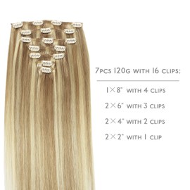 Wennalife Clip-In Human Hair Extensions, 35 cm (14 inches), 120 g, 7 Pieces, Light Blonde Highlights Golden Blonde, Clip-In Real Hair, Remy Hair Extensions, Natural Real Hair Extensions