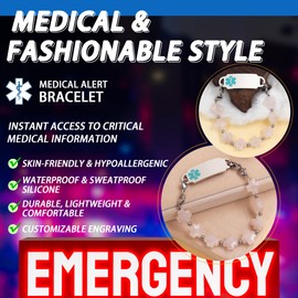 Vivaday Customized Stainless Steel Medical Alert First Responder ID Tag Bracelet | Double Lobster Clasp Natural Greek Cross Stone Hospital Rescue Bracelet with Rod of Asclepius for Life-Saving