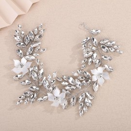 Teyglen Flower Crystal Wedding Headband Silver Rhinestone Hair Vine for Bride Wedding Hair Accessories Bridal Headpiece for Women Hair Piece (Silver, Free size)