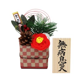 Osaka Choseido Kadomatsu Figurine, New Year Decoration, Mizuhiki, Crepe, Spring Ornament, Height 5.7 inches (14.5 cm), Original Wooden Card Free Bonus Bonus Tatami Edge Peach Checkered