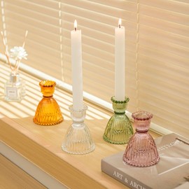 Amanman Candle Stick Candle Holders, 2024 Mixed 4pcs Candle Holder for Taper Candles, Carols of The Seasons 4colors Glass Candle Holders for Table Centerpiece and Shelves