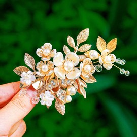 Foyte Bridal Flower Hair Clip Gold Leaf Hair Comb Pearl Wedding Hairpin Bridesmaid Floral Hairpieces for Women and Brides