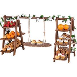 Wooden 3 Tier Cupcake Stand with Swing and Foldable Stand – Wood Dessert Display, Cupcake Swing Stand, Charcuterie Board, Serving Tray Set, Rustic Wooden Food Display for Parties